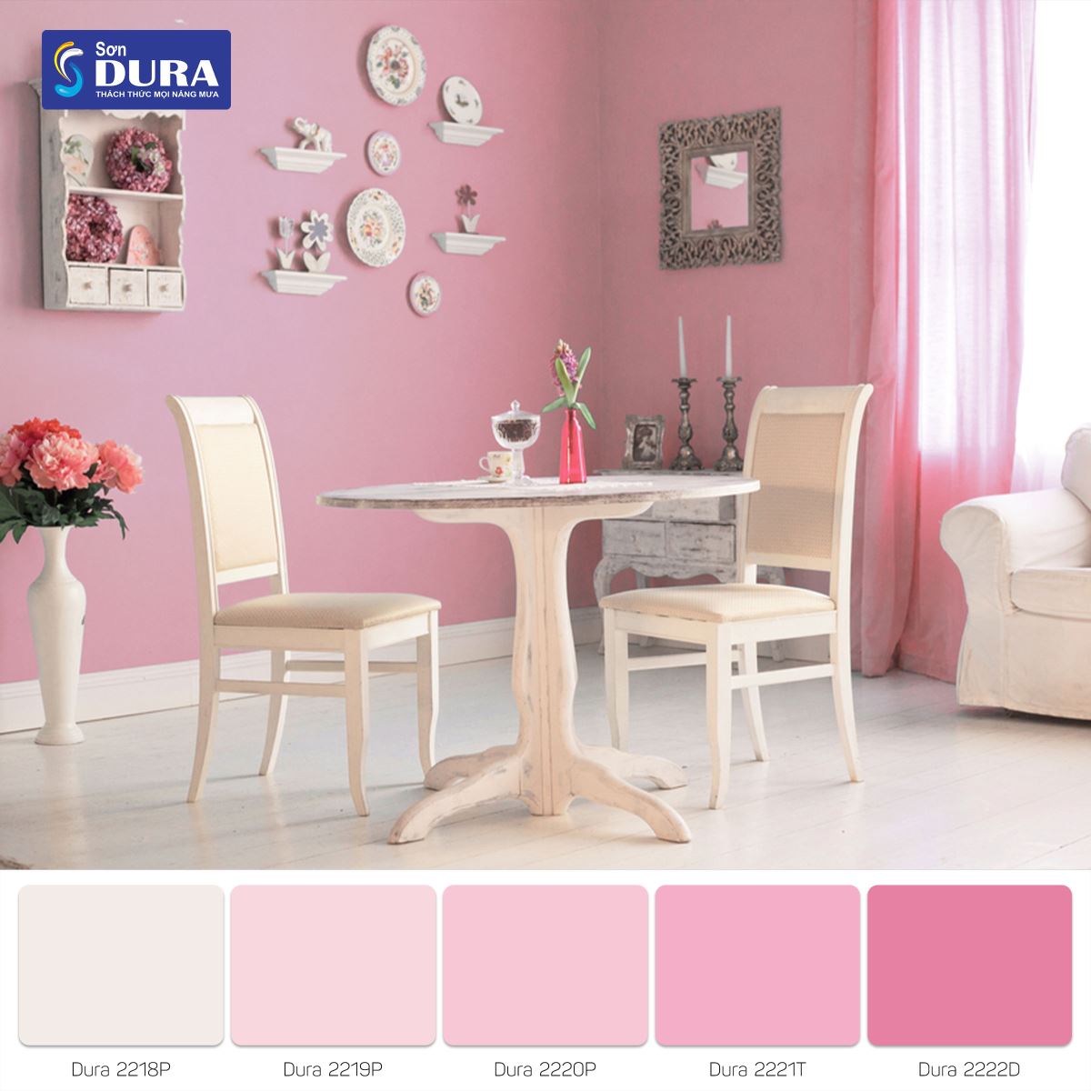 Màu hồng anh đào mang lại không gian thoải mái, gần gũi cho phòng khách